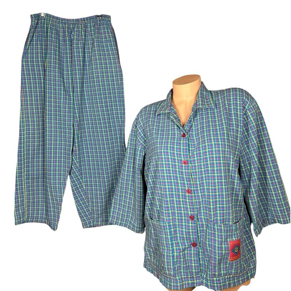 Vtg‎ 80s 90s Esleep Plaid Capri Button Down Shirt 2 Piece Pajama Set Womens Sz M